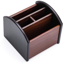 Premium Wooden Remote Control Holder with 360 Rotating, 4-Compartment Desk Organizer for Home Office (5.9")