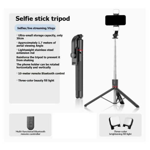 Trépied SelfieStick (avec Télécommande ), Perche Télescopique à 6 Sections avec Éclairage D'Appoint, Stabilisation Anti-Tremblement pour 2