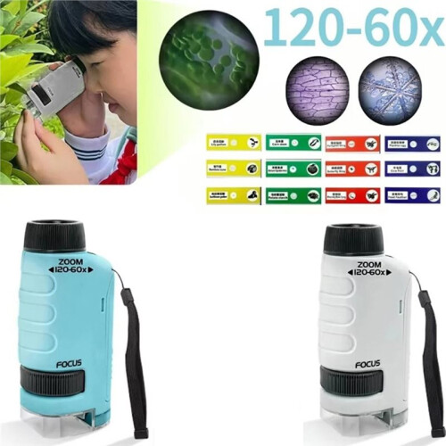 60-120X Pocket Microscope with 12 Specimens with LED Light Handheld Microscope Kit Outdoor Educational Science 2