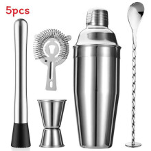 (5PCS Silver)Juego de coctelera de 5 piezas 3 piezas coctelera colador jigger cuchara Muddler bartender kit
