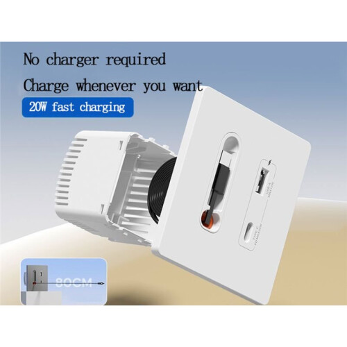 EU Universal Wall PD 20W USB A  Socket Panel with Android Type-C Fast Charging  Retractable Cable for Home B 2