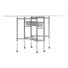 Adjustable Fabric Cutting Table with Grid &amp; Storage Silver/White 149x91x77-100cm