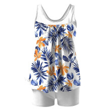Women's Modest Swimsuit Two Piece Set with Printed Top and Boyleg Shorts Built-In Bra Conservative and Comfortable