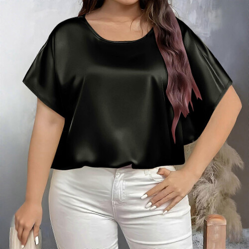 Women's Plus Size Round Neck Short Sleeve Blouse Solid Color Casual and Comfortable