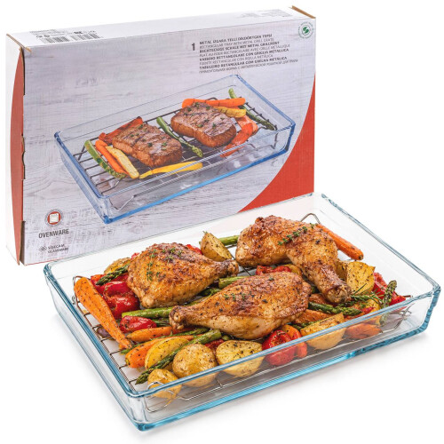 Rectangular Glass Oven Dish Tray Baking W/ Metal Grate