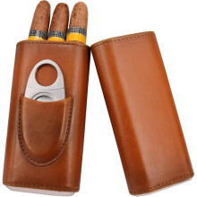 Premium Brown Leather Cigar Case for Up to 3 Cigars with Silver Cigar Cutter and Humidifier