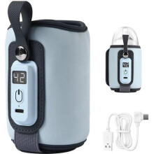 Calientabiberones USB portátil con control inteligente de temperatura de 38 a 52 C, color azul, diseño ideal para viajes.