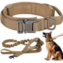 Adjustable Tactical Dog Collar, Khaki Medium, High-Strength Nylon with Metal Handle and Buckle