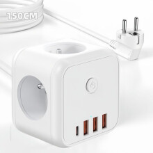 Power Strip Cube with Switch, 20W PD Fast Charging, 3 Outlets, 3 USB-A and 1 USB-C, 1.5m Extension Cord, White