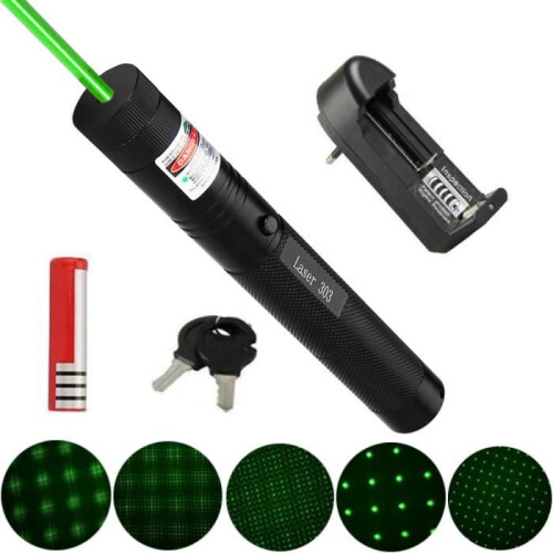 Green Rechargeable Laser Pointer 303, 5 km Range, 18650 Battery, Portable Handheld Beam for Presentations