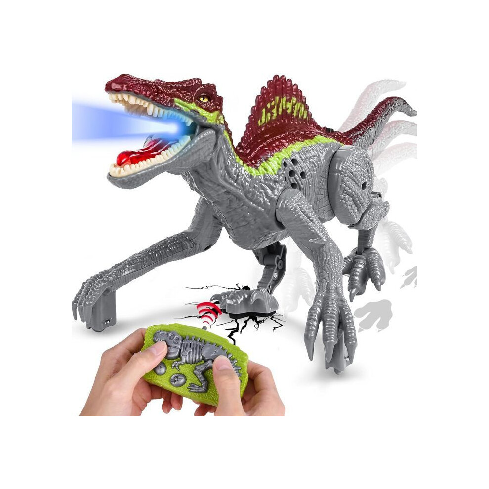 Rc Dinosaur Toy With Led Lights, Spray, Walking And Roaring, Realistic Gift For Kids Boys And Girls Aged 3+ Years, Grey 4911860362398