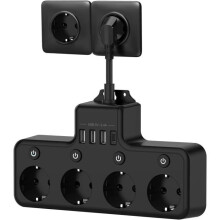 4 Way Power Strip with 4 Switches, 4000W 16A, 3 USB-A and 1 USB-C, Black
