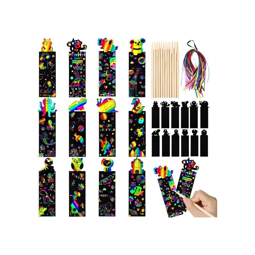 48 Pcs Scratch Bookmarks For Kids Animal Bookmarks With Wooden Styluses, Ribbons And Painting Templates For School Suppl 6116245168925