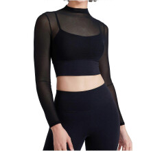 Womens Long Sleeve Crop Tops with Built in Bra Mesh Sports Bra Sheer Neck Padded Workout Cropped Yoga Shirts Black S