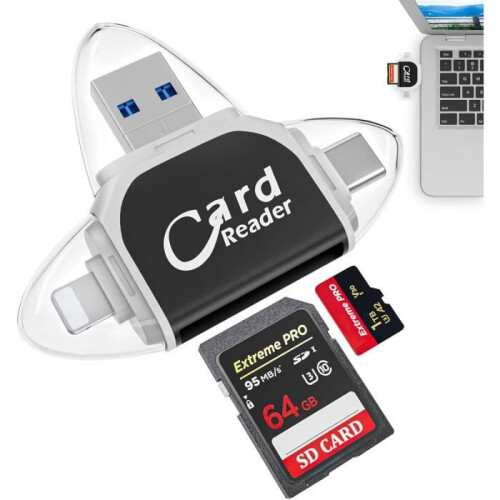 4 in 1 SD TF Card Reader 5Gbps USB C Adapter for iOS Android Windows Black