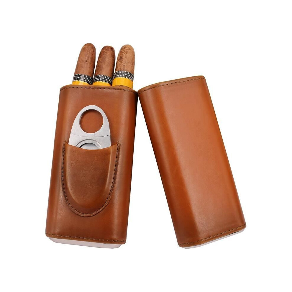 Premium Leather Cigar Case For Up To 3 Cigars With Cigar Cutter And Humidifier Brown/Silver 308128288868