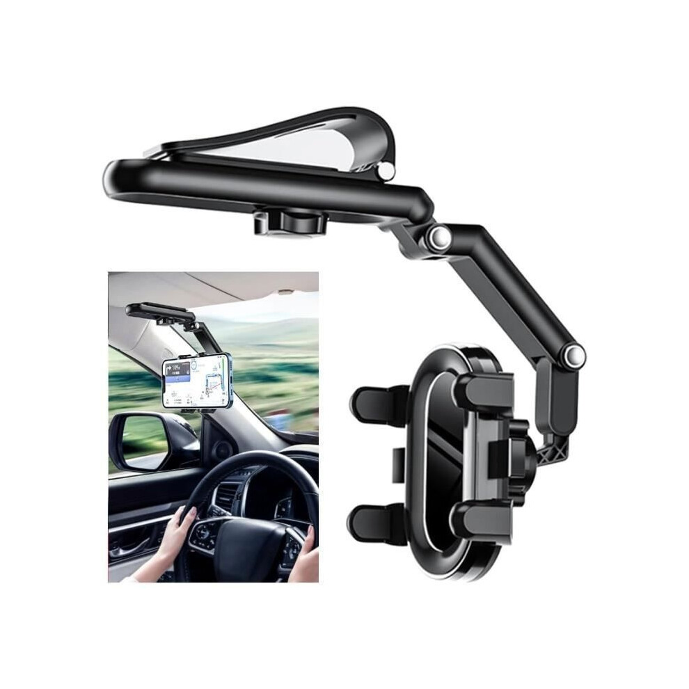 Car Phone Holder For Sun Visor And Rearview Mirror, 360 Degree Rotating And Retractable, Universal Smartphone Mount 4158636412776