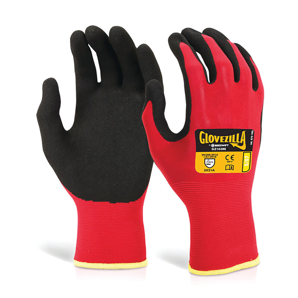 Beeswift Glovezilla Nitrile Nylon Gloves (Pack Of 10) Red S Gz103res 5030566361807