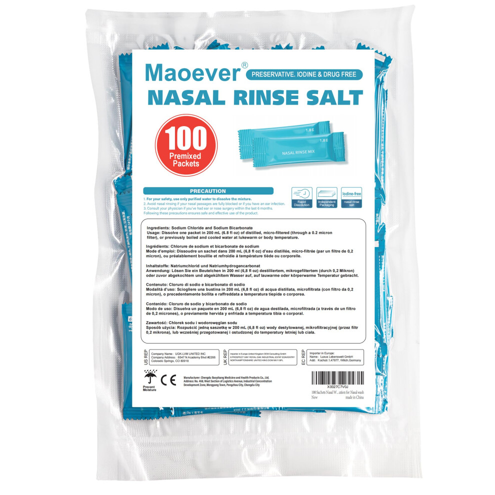 100 Sachets Nasal Wash Salt 1.8G – For Nasal Irrigation, Saline Solution For Nasal Wash Maoever
