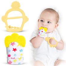 Vicloon Baby Teething Set, 2Pcs Mittens for Baby, Includes Chew Toy and Glove, Silicone Mitten Teether Infant Soothing Pain Relief Mitt Mits (Yellow)