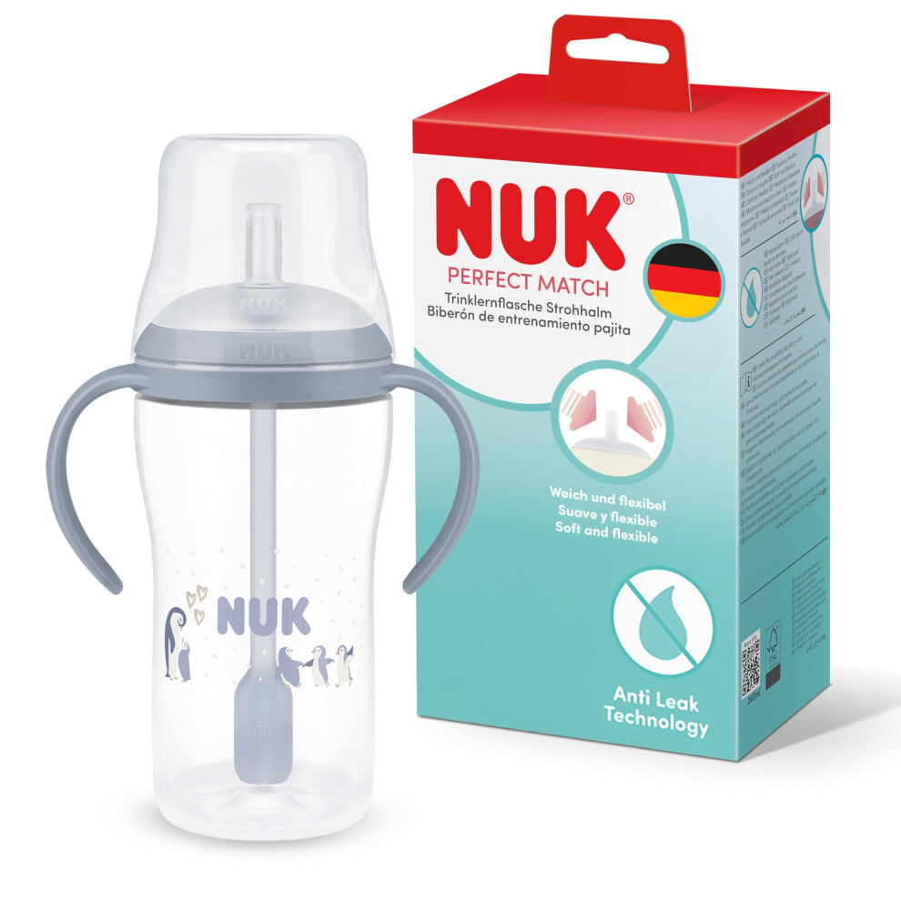Perfect Match Learner Straw Bottle | 8+ Months | 260Ml | Leak Proof Baby Straw Cup | Anti-Slip Handles | Penguin | 1 Count Nuk