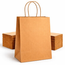 HURUC 50 Pcs Brown Paper Bags With Handles,130GSM, Medium Paper Gift Bags for Present, Eco-Friendly Kraft Carrier Bags, Christmas, Easter, Birthday P
