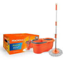 MACROMAX FOCUS Spin Mop & Bucket Set, 360 Rotating Microfibre Mop, Adjustable Spin-Dry Bucket, Ergonomic Handle, Suitable for All Floor Types