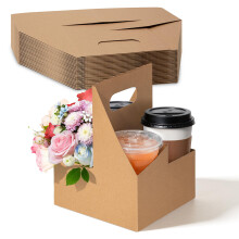 [25 Pack] 4 Cup Drink Carrier with Handle - Kraft Paperboard Handled Drink Carriers 12-30 oz to Go Coffee Cup Holder, for Hot and Cold Cup Carrier, T