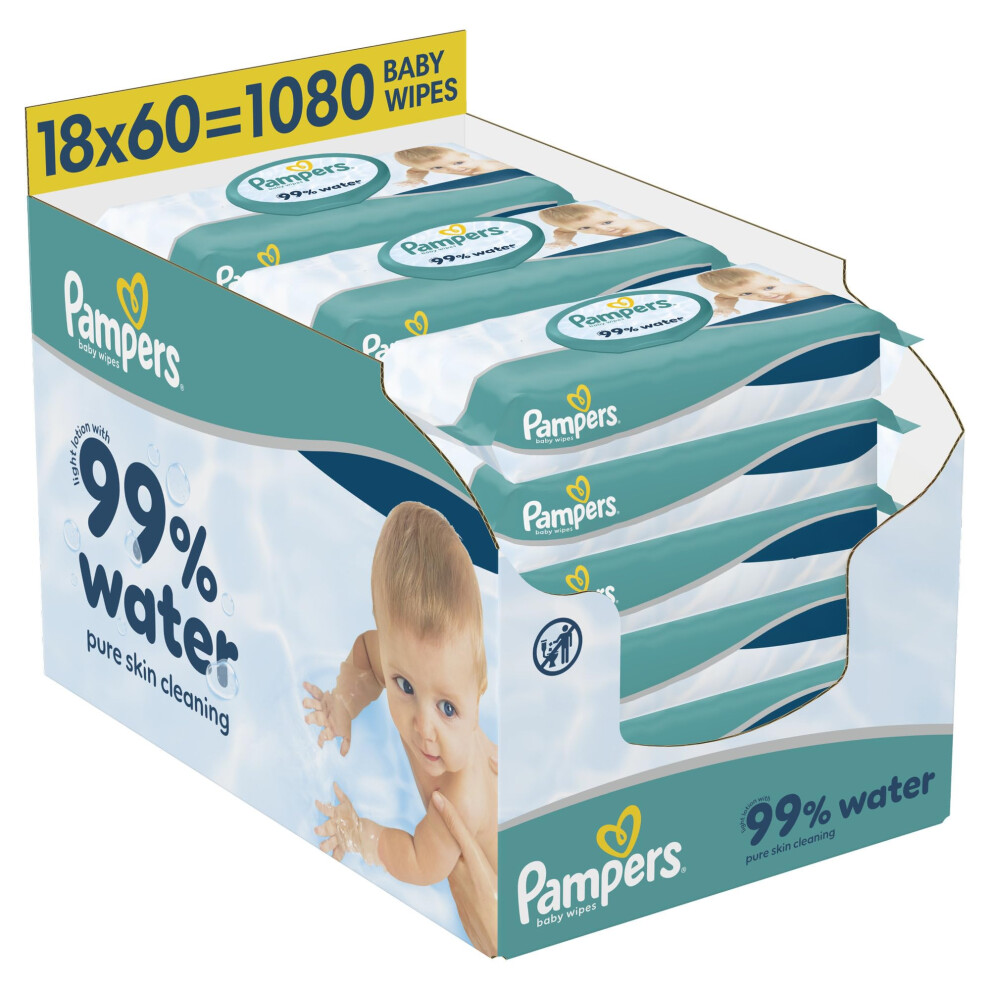 Pampers 99% Water Baby Wipes Plastic Free, 18 Packs Of 60 Wipes = 1080 Baby Wet Wipes, Lotion With 99% Water Light