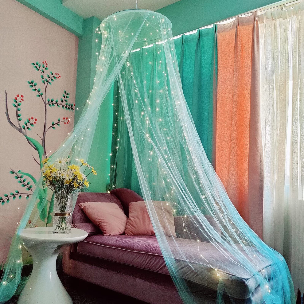 Eimilaly Bed Canopy Mosquito Net With 250Pcs Warm White Curtain Lights, Bed Canopy For Girls Room Decor Or Theme Party, Green/Warm White Lights