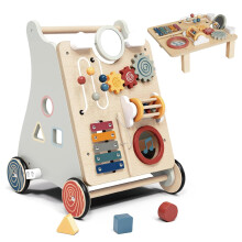 Wooden Baby Walker for 1 2 Year Olds, Montessori Push Along Walker with Detachable Busy Board, Multiple Walking Toys Activity Center Gifts for Boys G