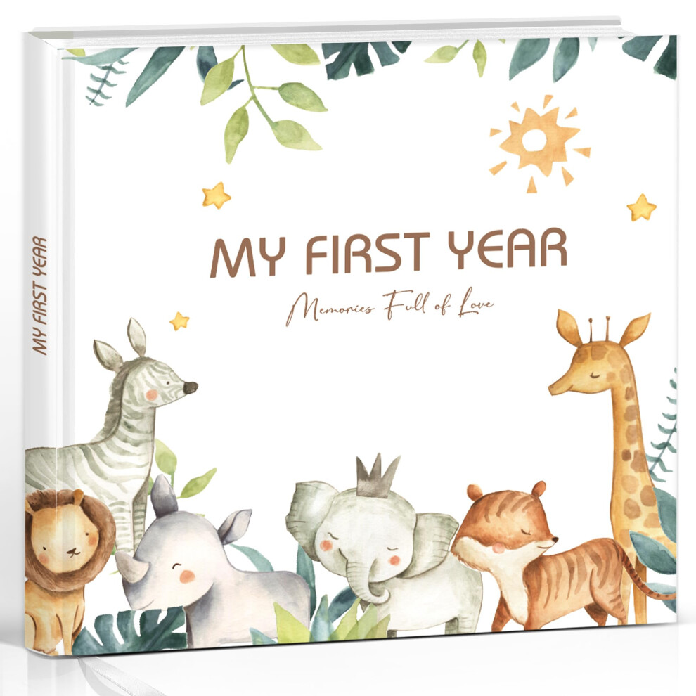 Baby Album “My First Year” – Memory Book For Baby’s First Year, 84 Pages (21 21 Cm) With Stickers – Woodland & Safari Animal Des Hyggartn