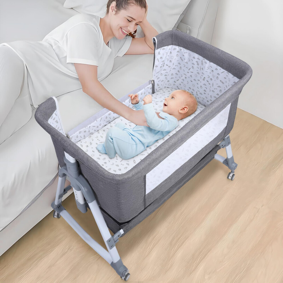 Baby Bedside Crib Baby Crib With With Wheels, Storage, Mosquito Net And Matress Included, Height Adjustable Baby Bassinet ( 112Cm Height Grey Woshapce