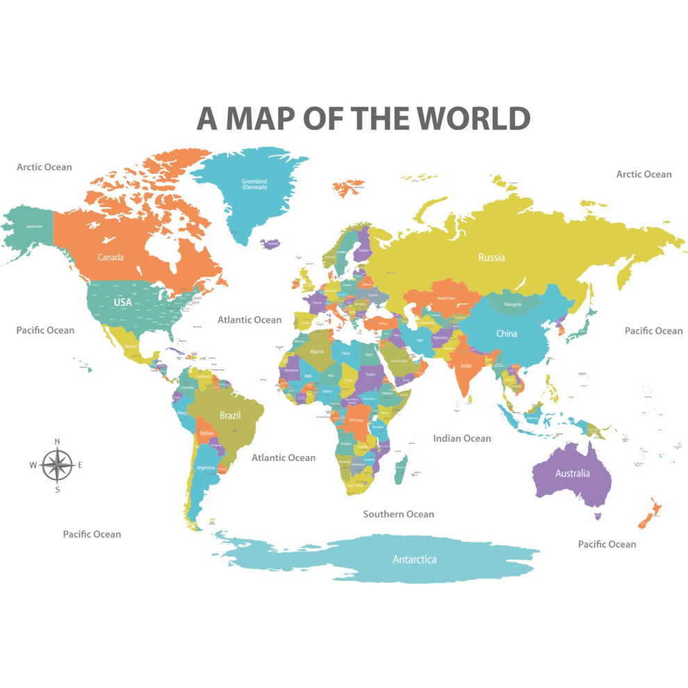 Dl3-2302 Colourful World Map Wall Stickers (X-Large 152 X 105Cm) Educational Wallpaper Decals For Kids Diy Living Room Bedroom Art Home Déco Decowall