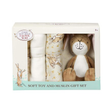 Rainbow Designs Guess How Much I Love You Baby Essential Gift Set - Little Nutbrown Hare Soft Toy & 3 Cotton Muslin Cloths in Illustrated Box - Newbo