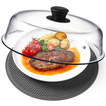 2 in 1, Glass Microwave Splatter Cover for Food & Microwave Place Mat, Plate Splatter Guard Lid with Easy Grip Silicone Handle Knob, Borosilicate Gla