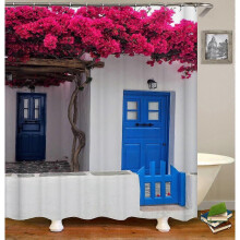 Rustic Shower Curtain Doors of An Old Rock House with French Frame Details in Countryside European Past Fabric Bathroom