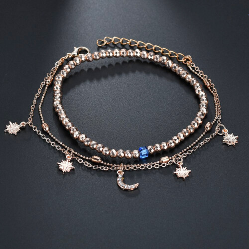 2 Sets/4pcs Beaded Stars And Moon Anklets Miss Multi-Layer Vintage 2