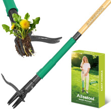 Allsetool Weed Puller Tool with 2 Weed Eject Feature, 1.1m Stand Up Dandelion Remover Tool, Real Bamboo Handle and Metal 4 Claw & Foot Pedal, Heavy D