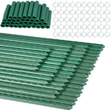 50PCS Green Garden Plant Stakes,11mm x 40cm Plastic Coated Steel Tubes Garden Canes for Plants with 36 Connectors and 50 Clear Clips,Sturdy Garden Po