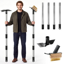2 in 1 Weed Remover Brush and Garden Hoe, Stainless Steel Moss Remover Tool with Long Handle, Weeding Rake Gardening Tools for Yard, Lawn, Patio, Gar