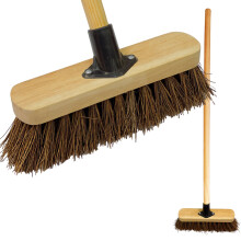 10” Outdoor Yard Broom with Wooden Handle Stiff Bassine Hard Bristles & Durable Support Bracket Heavy Duty Garden Brush Deck Broom & Scrubbing Brush