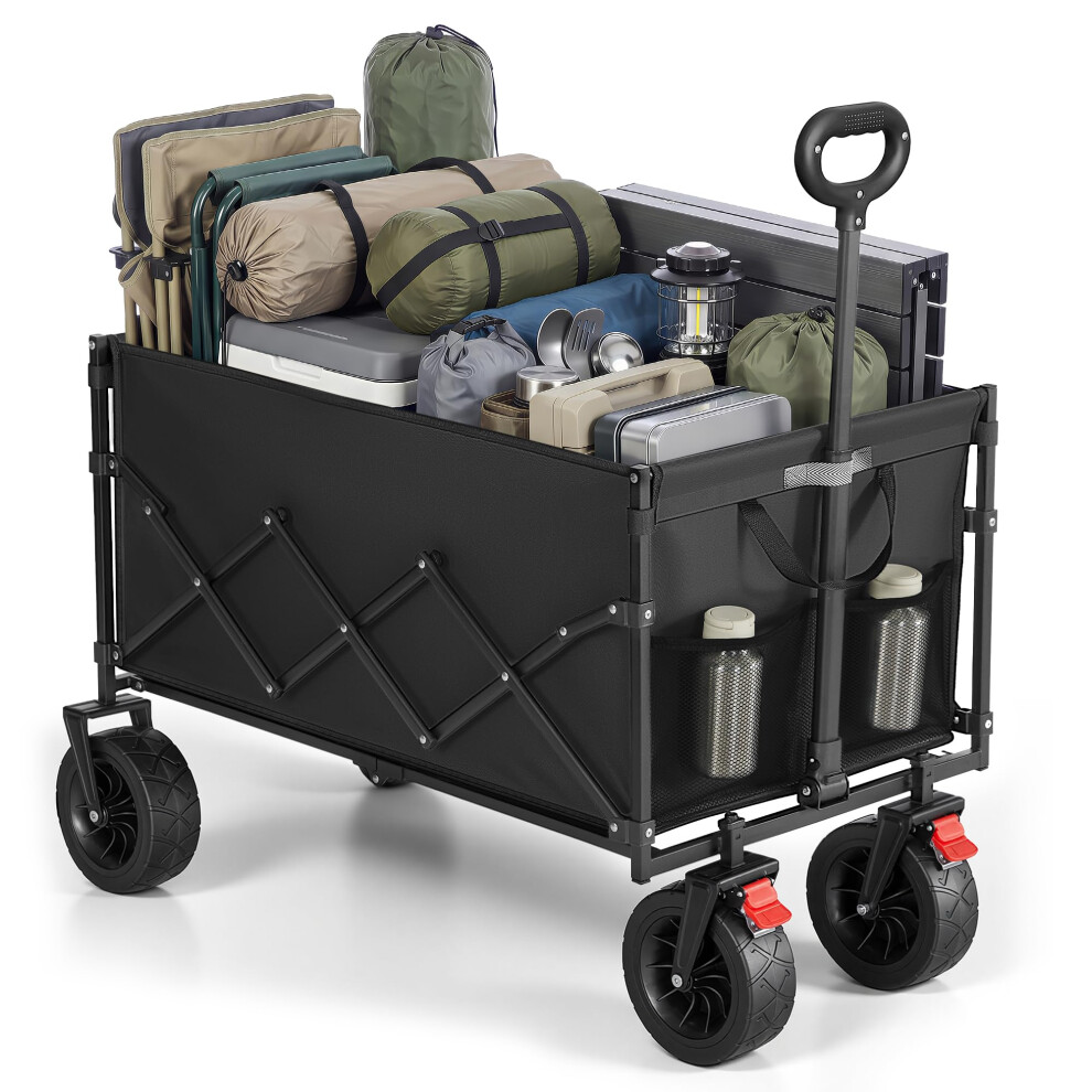 Songmics Festival Trolley On Wheels, Foldable Camping Cart, Pull Garden Wagon, Adjustable Handle, 4 Reinforced Wheels, Outdoor, Yard, Garden, Loads U