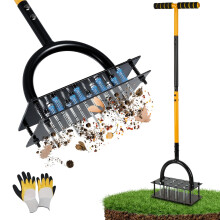 Lawn Aerator, Manual Garden Aerator for Lawn, Pre-Assembled 20 Iron Spikes, Adjustable T-Handle, Automatic Dirt and Leaf Clean Design, Garden & Grass