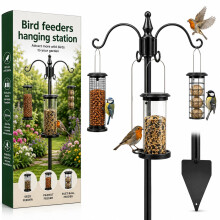 Bird Feeders Hanging Station complete set - Including Hanging station & 3 Bird Feeders for Seed, Nuts & Suet Balls with Strong coated Metal pole & st