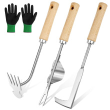 Adiwo 3PCS Stainless Steel Hand Weeder Tool, Weed Remover Tool Set, Manual Weeder Set, Serrated Edge and Long Handle, with Gloves for Backyard Garden