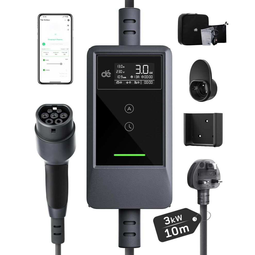 Dã© Ev Charger 3 Pin Plug 10M With App, 3Kw 6-13A Granny Charger With Ip66 & Type A Rcd Protection, Adjustable 3 Pin Ev Charger, Electric Car Charger 9011080003615
