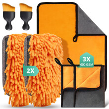 STRHAGO 7 Pcs Car Cleaning Kit with 3 Pack Microfibre Cloths, 2 Microfiber Wash Mitts and 2 Dusting Brushes, Household and Car Washing, Drying, Detai