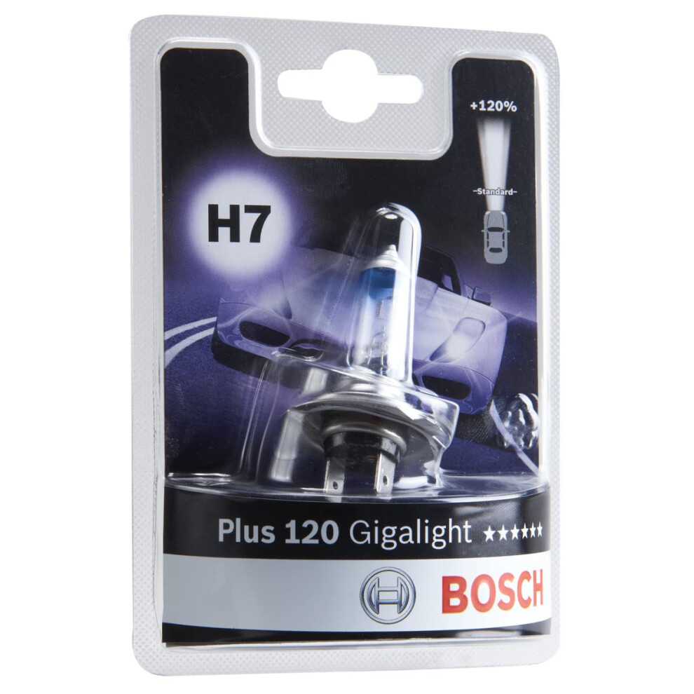 Bosch H7 (477) Plus 120 Gigalight Halogen Headlight Bulb, 12 V 55 W, 120% More Light - Socket Px26d - 1 Replacement Car Light Bulb