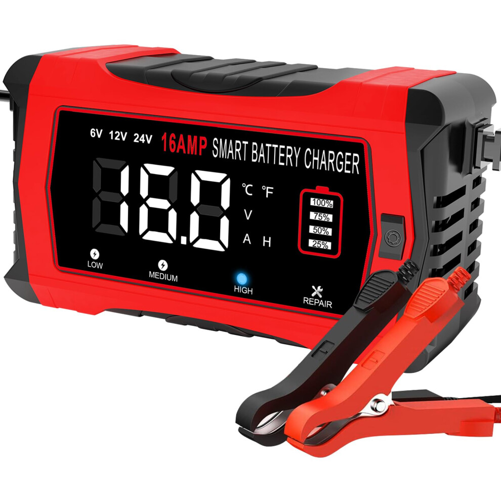 Htrc 16A Car Battery Charger 6V/12V/24V, Trickle Charger Lifepo4 Battery Charger 5003430996412